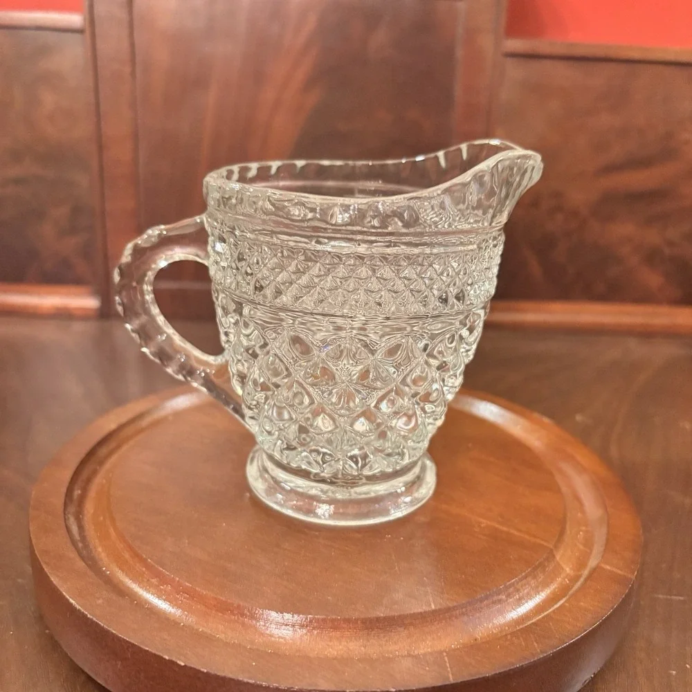 Vintage Clear Pressed Glass Creamer Diamond Pattern Footed Pitcher Scalloped Rim